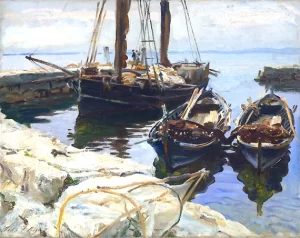 Three Boats In Harbor, San Vigilio 1913 by John Singer Sargent