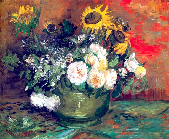 Roses And Sunflowers, 1886 by Vincent Van Gogh, oil painting reproduction on canvas Roses And Sunflowers, 1886 by Vincent Van Gogh