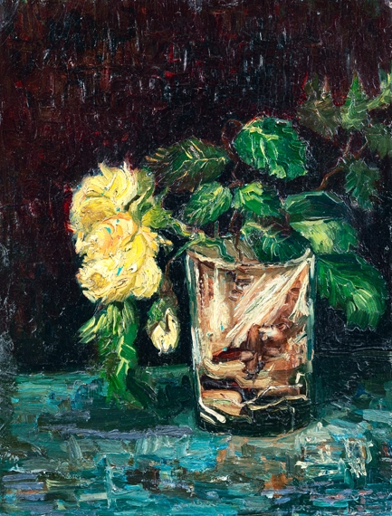 Glass With Yellow Roses by Vincent Van Gogh, oil painting reproduction on canvas Glass With Yellow Roses by Vincent Van Gogh