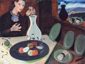 Assiette de fruits et femme disposant des fleurs dans un vase by André Derain