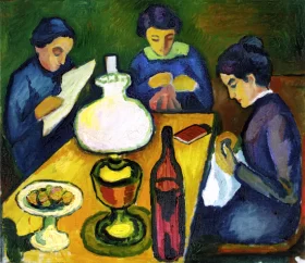 Three Women At The Table By The Lamp by August Macke Three Women At The Table By The Lamp by August Macke