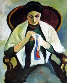 Woman Embroidering In An Armchair by August Macke