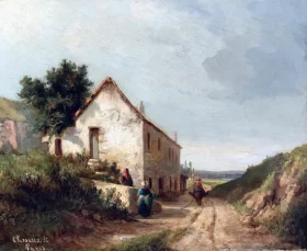 Maison au Bord D'une Route de Campagne avec Personnages 1856 by Camille Pissarro Maison au Bord D'une Route de Campagne avec Personnages 1856 by Camille Pissarro