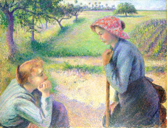 Two Young Peasant Women by Camille Pissarro, oil painting reproduction on canvas Two Young Peasant Women by Camille Pissarro