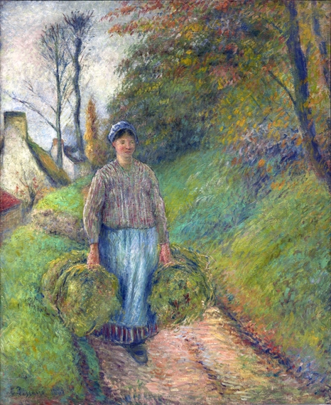 Peasant Woman Carrying Two Bundles of Hay 1883 by Camille Pissarro, oil painting reproduction on canvas Peasant Woman Carrying Two Bundles of Hay 1883 by Camille Pissarro