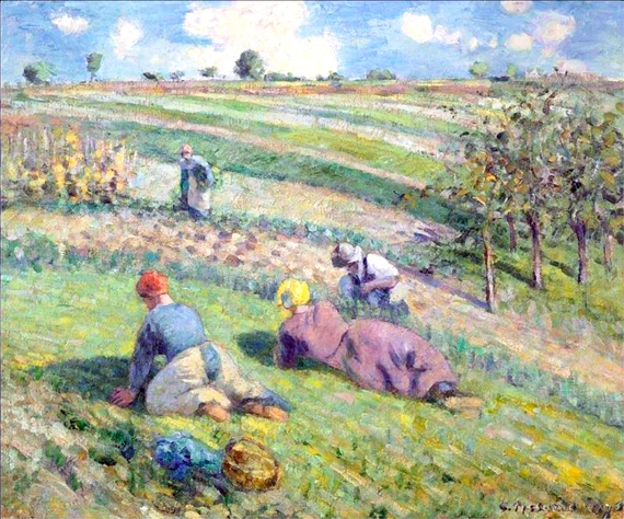 Sarcleurs Dans Les Champs, Pontoise 1875 by Camille Pissarro, oil painting reproduction on canvas Sarcleurs Dans les Champs, Pontoise 1875 by Camille Pissarro