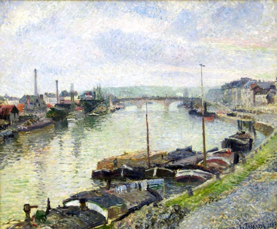 The Stone Bridge and Barges at Rouen 1883 by Camille Pissarro, oil painting reproduction on canvas The Stone Bridge and Barges at Rouen 1883 by Camille Pissarro