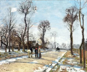 Route de Versailles, Louveciennes, Winter Sun and Snow 1870 by Camille Pissarro Route de Versailles, Louveciennes, Winter Sun and Snow 1870 by Camille Pissarro
