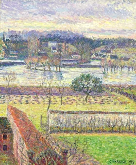 Vue de ma fenêtre, inondation, effet du soir, Eragny 1893 by Camille Pissarro Vue de ma fenêtre, inondation, effet du soir, Eragny 1893 by Camille Pissarro