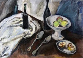 Nature morte à la coupe de fruits et aux trois bouteilles 1916 by Chaïm Soutine Nature morte à la coupe de fruits et aux trois bouteilles 1916 by Chaïm Soutine