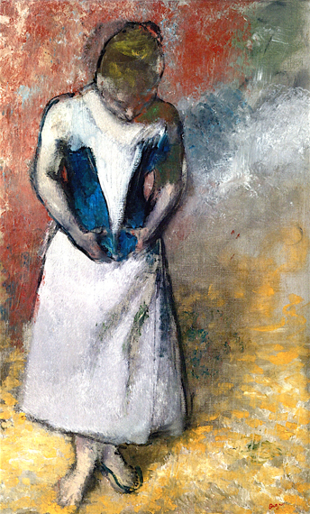 Woman Standing Facing Forward Fastening her Corset 1883 by Edgar Degas, oil painting reproduction on canvas Woman Standing Facing Forward Fastening her Corset 1883 by Edgar Degas
