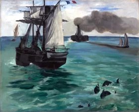 The Steamboat, Seascape with Porpoises 1868 by Edouard Manet The Steamboat, Seascape with Porpoises 1868 by Edouard Manet