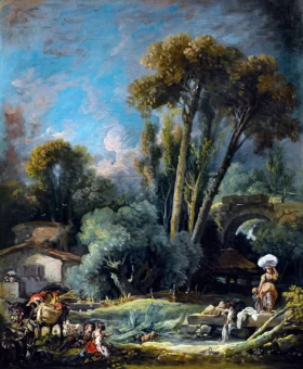 Astoral landscape with Washerwomen and a Couple on a river Bank by Francois Boucher Astoral landscape with Washerwomen and a Couple on a river Bank by Francois Boucher