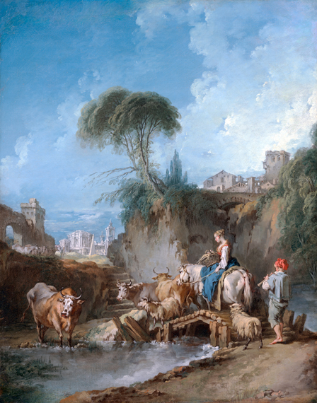 Landscape with Distant Buildings and a Herdswoman by Francois Boucher, oil painting reproduction on canvas Landscape with Distant Buildings and a Herdswoman by Francois Boucher