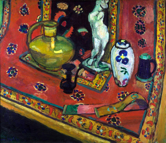Figurine and Vase on Oriental Carpet (Still Life in Venetian Red) by Henri Matisse, oil painting reproduction on canvas Figurine and Vase on Oriental Carpet (Still Life in Venetian Red) by Henri Matisse