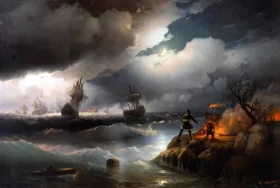 Peter I at Krasnaya Gorka Lighting a Fire on the Shore to Signal to his Sinking Ships 1846 by Ivan Aivazovsky