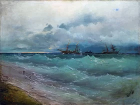 Ships on the Stormy Sea. Sunrise 1871 by Ivan Aivazovsky