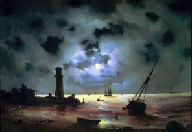 Sea coast at night. Near the beacon 1837 by Ivan Aivazovsky