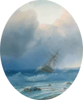 View from the coast of a stormy sea with a sailing ship, 1865 by Ivan Aivazovsky