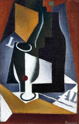 Bottle, glass and newspaper 1918 by Juan Gris Bottle, glass and newspaper 1918 by Juan Gris