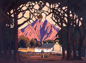 Farm Jonkershoek with Twin Peaks Beyond, Stellenbosch by Jacobus Hendrik Pierneef