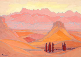 Extensive landscape in Pink, Orange and Rose by Jacobus Hendrik Pierneef