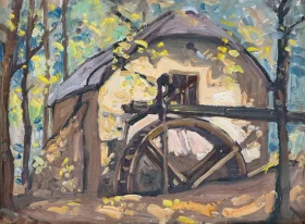 Water Wheel at Twee Jonge Gezellen, Tulbagh by Jacobus Hendrik Pierneef Water Wheel at Twee Jonge Gezellen, Tulbagh by Jacobus Hendrik Pierneef