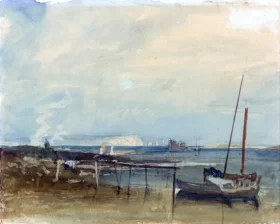 Coast Scene with White Cliffs and Boats on Shore by J.M.W. Turner