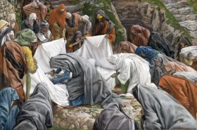 The Holy Virgin Kisses The Face Of Jesus Before He Is Enshrouded On The Anointing Stone by James Tissot The Holy Virgin Kisses The Face Of Jesus Before He Is Enshrouded On The Anointing Stone by James Tissot