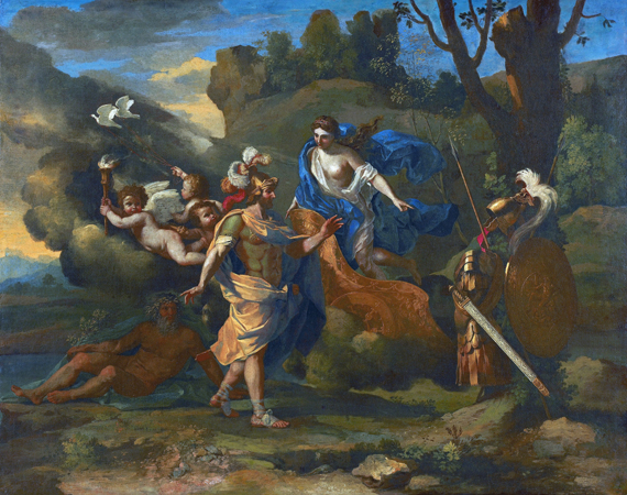 Venus, Mother of Aeneas, presenting him with Arms forged by Vulcan by Nicolas Poussin, oil painting reproduction on canvas Venus, Mother of Aeneas, presenting him with Arms forged by Vulcan by Nicolas Poussin