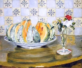 Still Life of a Melon and a Vase of Flowers by Pierre Auguste Renoir