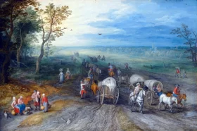 Panoramic Landscape With Travellers With Horses Carts And Cattle On A Sandy Road by Pieter Bruegel the elder Panoramic Landscape With Travellers With Horses Carts And Cattle On A Sandy Road by Pieter Bruegel the elder