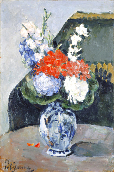 Bouquet in a Small Delft Vase 1873 by Paul Cezanne, oil painting reproduction on canvas Bouquet in a Small Delft Vase 1873 by Paul Cezanne