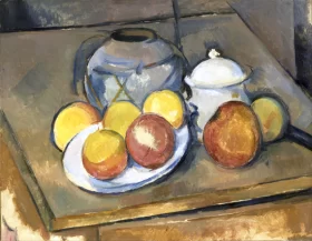 Straw-Trimmed Vase, Sugar Bowl and Apples by Paul Cezanne