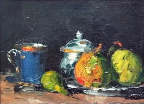 Sugar Bowl, Pears and Blue Cup 1865 by Paul Cezanne