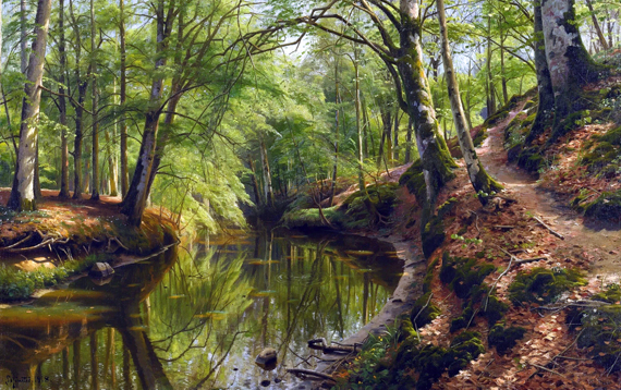 Brook Flowing Through a Spring Wood, 1918 by Peder Mørk Mønsted, oil painting reproduction on canvas Brook Flowing Through a Spring Wood, 1918 by Peder Mørk Mønsted