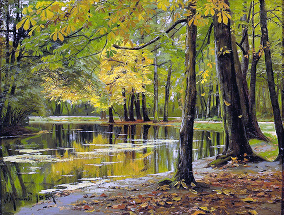A chestnut tree by a pond in autumn 1889 by Peder Mørk Mønsted