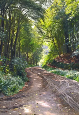 Sunrays on a forest road 1909 by Peder Mørk Mønsted