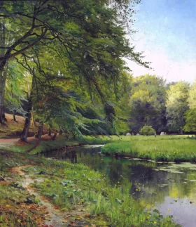 A clearing in the forest at a stream in Sorgenfri with harvest workers in the background 1886 by Peder Mørk Mønsted