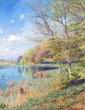 Blue sky over a forest in springtime, sporting new anemones 1895 by Peder Mørk Mønsted Blue sky over a forest in springtime, sporting new anemones 1895 by Peder Mørk Mønsted
