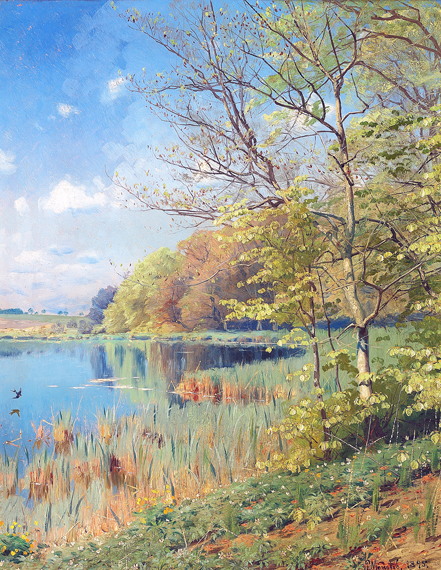Blue sky over a forest in springtime, sporting new anemones 1895 by Peder Mørk Mønsted