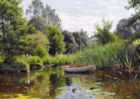 A forest lake with a rowboat, in the background a house 1903 by Peder Mørk Mønsted A forest lake with a rowboat, in the background a house 1903 by Peder Mørk Mønsted