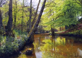 A forest stream by Peder Mørk Mønsted A forest stream by Peder Mørk Mønsted