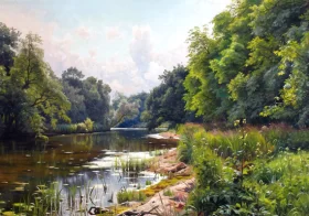 A tranquil river by Peder Mørk Mønsted