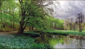 Sun-drenched brook landscape after a rain by Peder Mørk Mønsted