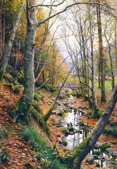 Stream in a forest by autumn 1908 by Peder Mørk Mønsted, oil painting reproduction on canvas Stream in a forest by autumn 1908 by Peder Mørk Mønsted