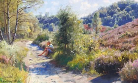 A boy resting in the heath covered hills near Himmelbjerget 1926 by Peder Mørk Mønsted A boy resting in the heath covered hills near Himmelbjerget 1926 by Peder Mørk Mønsted