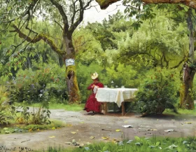 An elegant woman in a red dress sitting at a coffee table in the garden embroidering 1890 by Peder Mørk Mønsted An elegant woman in a red dress sitting at a coffee table in the garden embroidering 1890 by Peder Mørk Mønsted