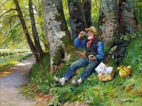 Lunch break in the forest. A wanderer is enjoying his meal 1886 by Peder Mørk Mønsted