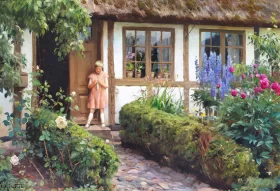 A girl in a pink dress on the step of a farmhouse 1930 by Peder Mørk Mønsted A girl in a pink dress on the step of a farmhouse 1930 by Peder Mørk Mønsted